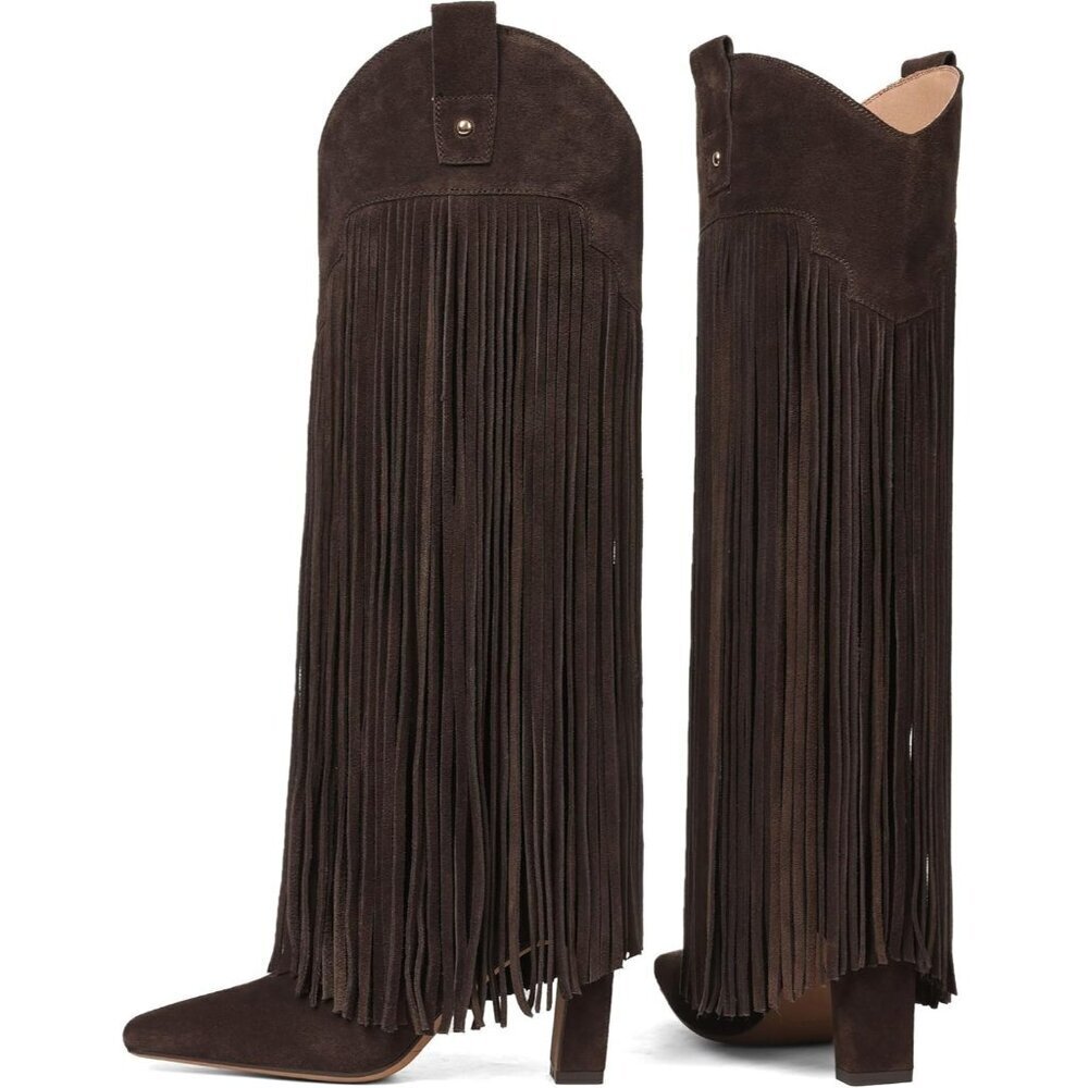 Women's Brown Suede Knee High Fringe Boots Chunky Heel Tall Shoes Pull-On - Picture 3 of 6